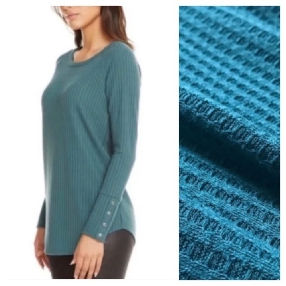 Chaser Teal Blue Waffle Knit Button Long Sleeve Shirt Top Small